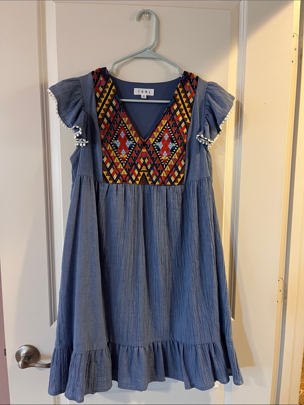 THML Blue Women’s Dress with Colorful Embroidered V-Neck